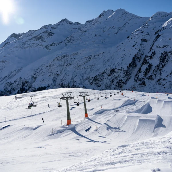 Snowy mountain ski resort with slopes