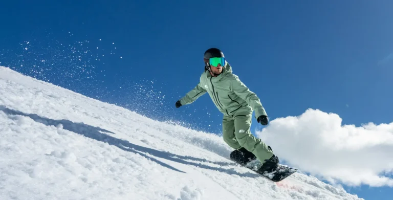 Snowboarder carving through fresh powder