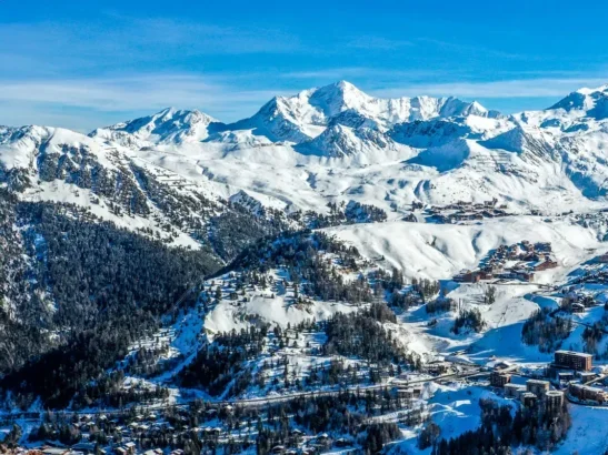 An ariel view of La Plagne village centre and the surrounding ski area.