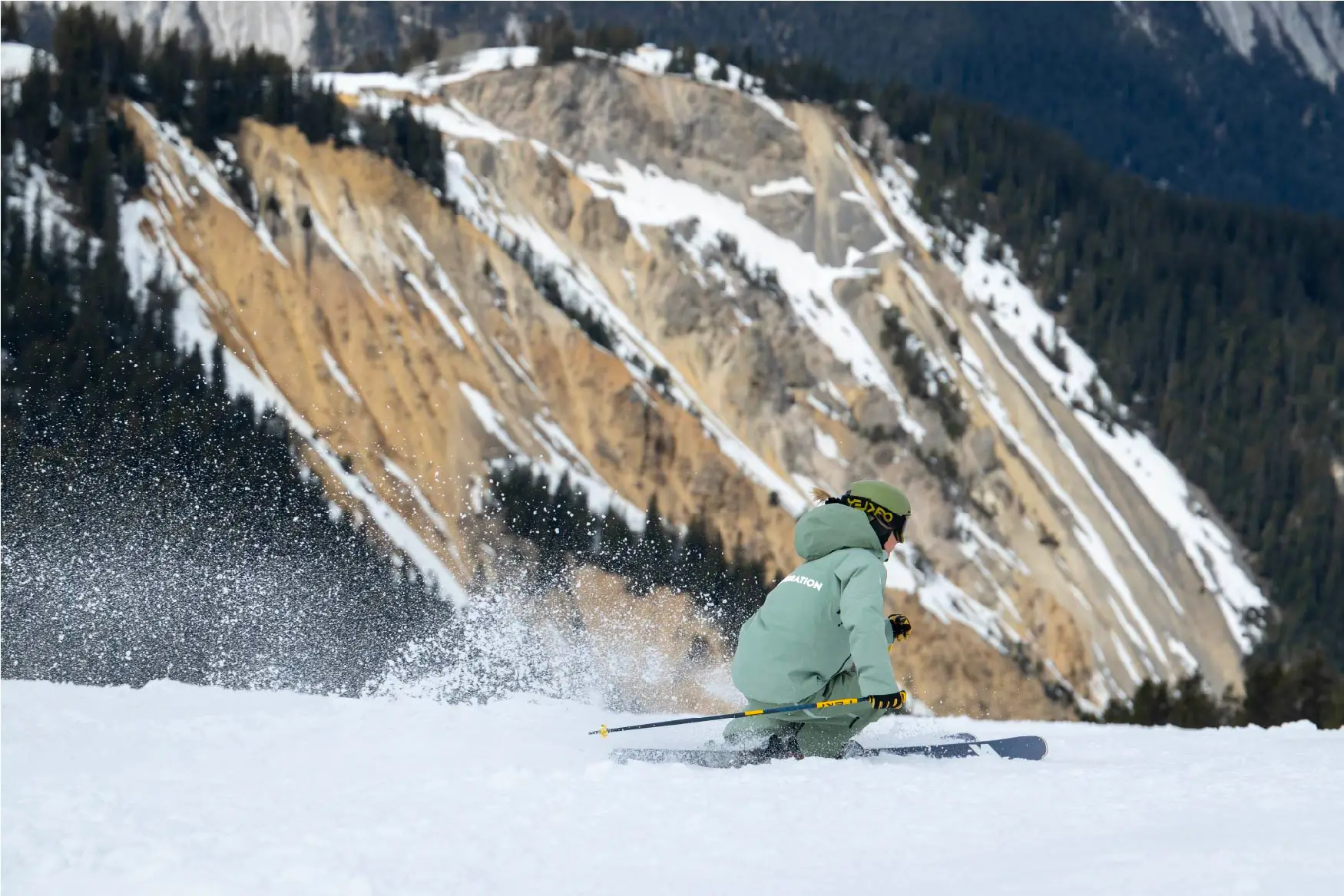 Skier carving through fresh snow.