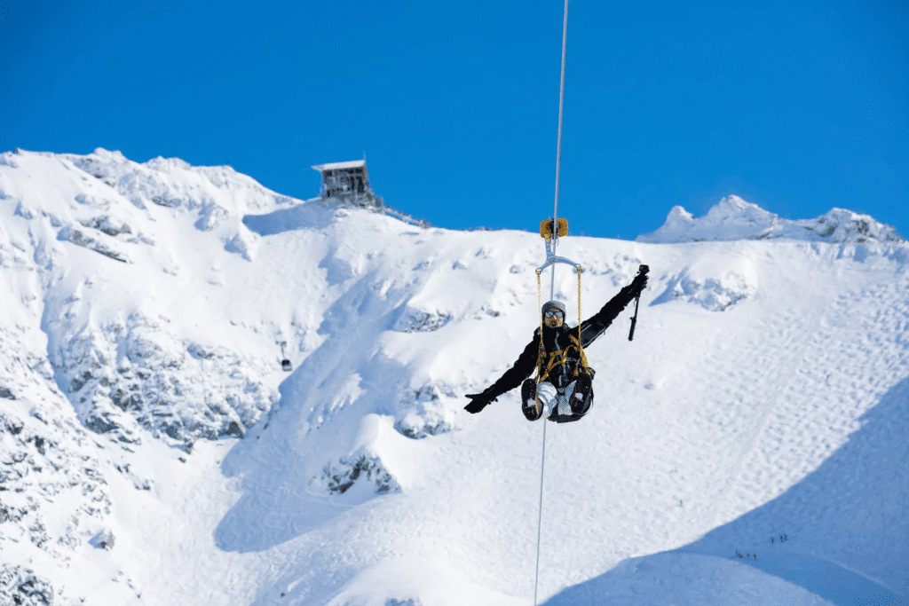 Person going down the Mont Fort Zipline
