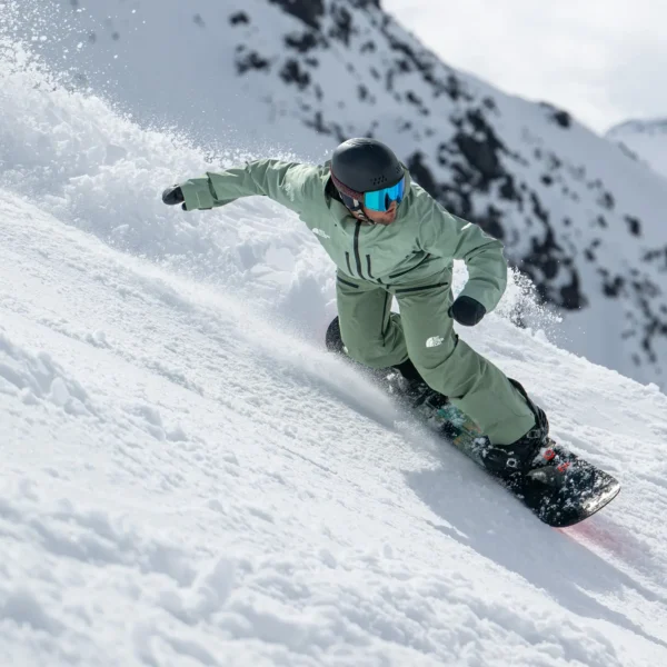 Snowboarder carving through fresh powder