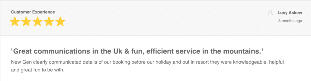 5 star Feefo review: Great communications in the UK & fun, efficient service in the mountains